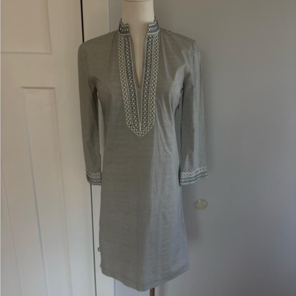 Tory Burch Navy and White Striped Embroidered Tunic